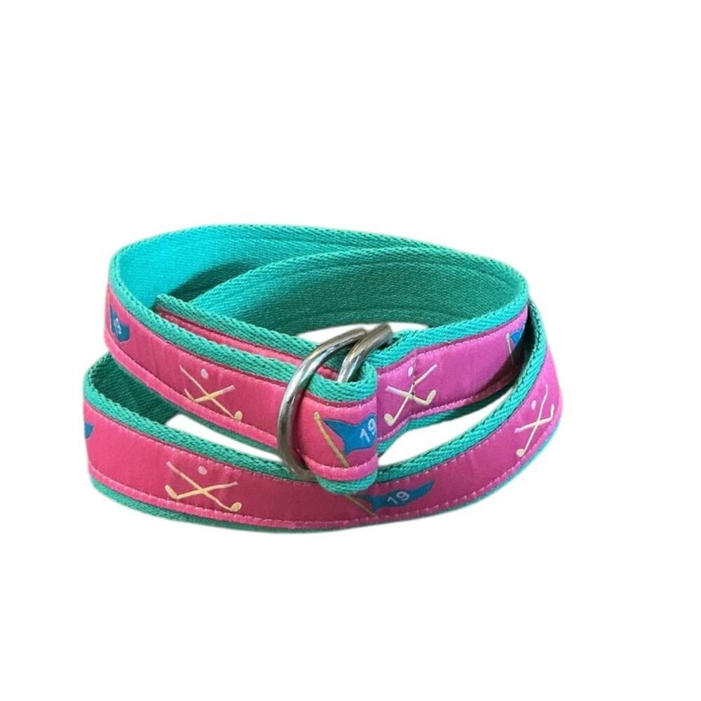 YRI Womens Canvas Embroidered Ribbon Belt Pink Golfer Gift Fabric Golf Hole 19 M